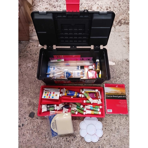 21 - SHELF WITH A NEW ACRYLIC PAINTING SET IN A WOODEN EASEL BOX, PLASTIC CONTAINER WITH MISC TUBS OF PIN... 