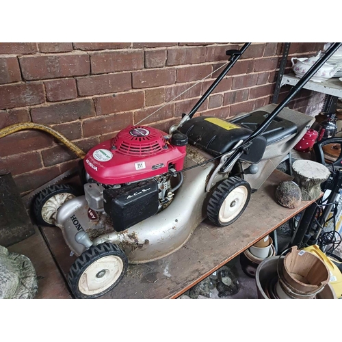 211 - HONDA PETROL GARDEN MOWER, CASING SHOWING SIGNS OF WEAR