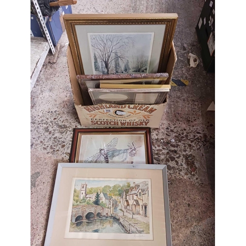 219 - CARTON WITH MISC F/G PICTURES & A COLLECTION PHOTOGRAPH FRAME