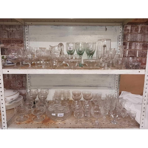 226 - 2 SHELVES OF MIXED GLASSES, BOWLS, JUGS