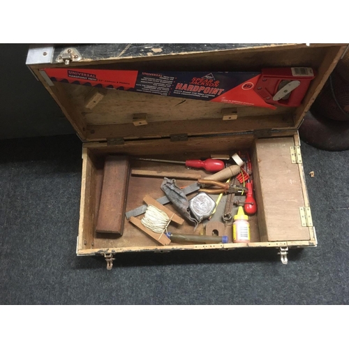 245 - SMALL WOOD TOOL BOX WITH MISC TOOLS