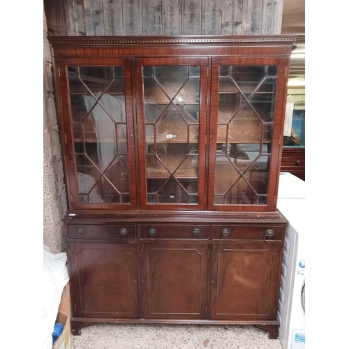 258 - LARGE REPRO MAHOGANY DISPLAY CABINET WITH CUPBOARDS & DRAWERS