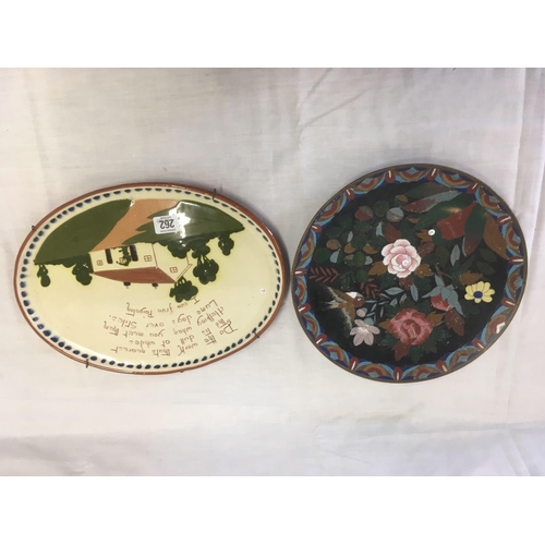 262 - TORQUAY WARE PLATE, CLOISONNE PLATE, CHINA PLATE & WALL PLAQUE