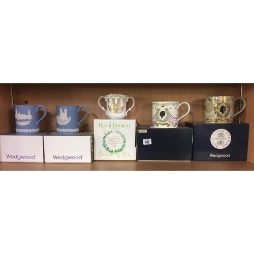 287 - 4 WEDGWOOD MUGS & 1 ROYAL DOULTON MUG