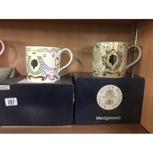 287 - 4 WEDGWOOD MUGS & 1 ROYAL DOULTON MUG