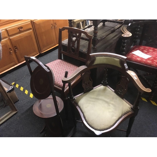 297 - INLAID MAHOGANY DINING CHAIR & INLAID MAHOGANY CORNER CHAIR & INLAID MAHOGANY CAKE STAND