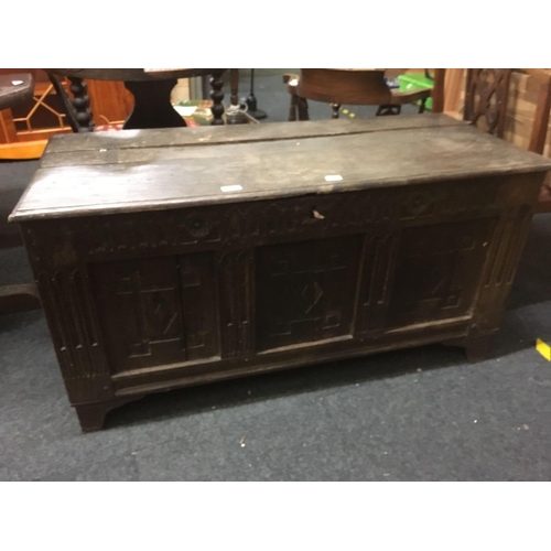 299 - CARVED ANTIQUE TRUNK, 47'' ACROSS, 5'' HIGH, 1 DEPTH