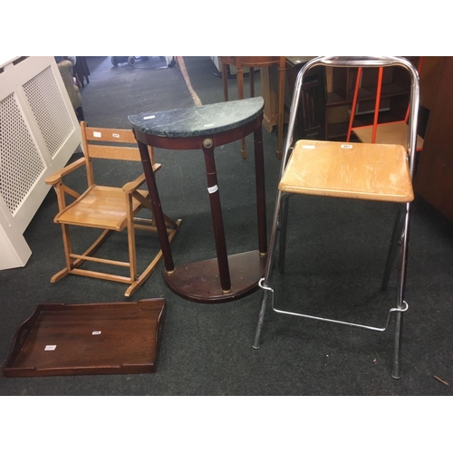 307 - MAHOGANY TRAY, SMALL CHILD'S ROCKING CHAIR, FOLD AWAY PROJECTOR STAND & MARBLE TOP HALF MOON HALL TA... 