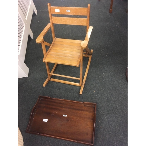 307 - MAHOGANY TRAY, SMALL CHILD'S ROCKING CHAIR, FOLD AWAY PROJECTOR STAND & MARBLE TOP HALF MOON HALL TA... 