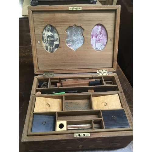 343 - MARQUETRY JEWELLERY BOX &  MINIATURE APPRENTICE PIECE CHEST OF DRAWERS