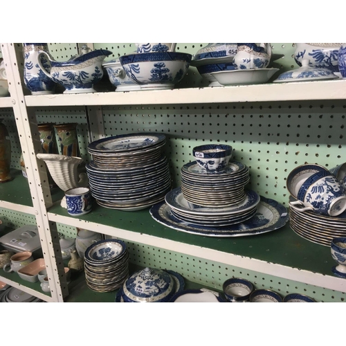 454 - 3 SHELVES OF WILLOW PATTERN CHINAWARE ETC