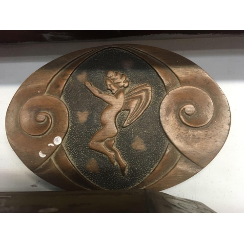 469 - MAHOGANY JEWELLERY BOX, CARVED JEWELLERY BOX & A CHERUB CARVING