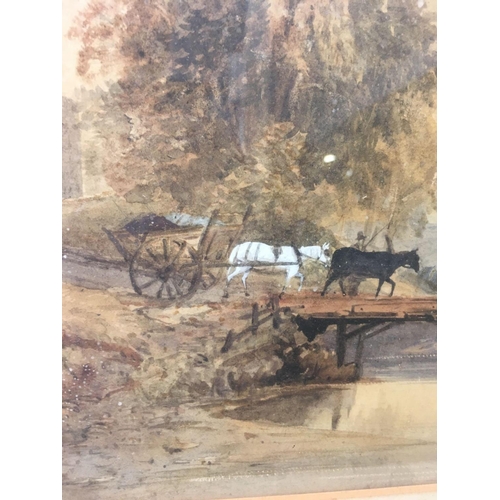 490 - 3 GILT F/G WATERCOLOURS, 2 OF A YOUNG LADY & 1 OF HORSES & CART