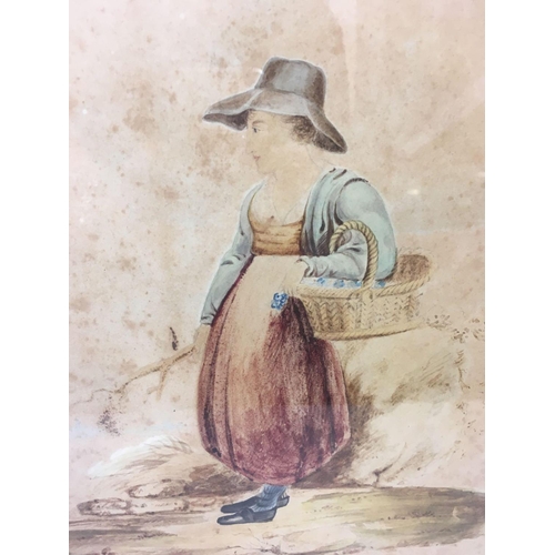 490 - 3 GILT F/G WATERCOLOURS, 2 OF A YOUNG LADY & 1 OF HORSES & CART