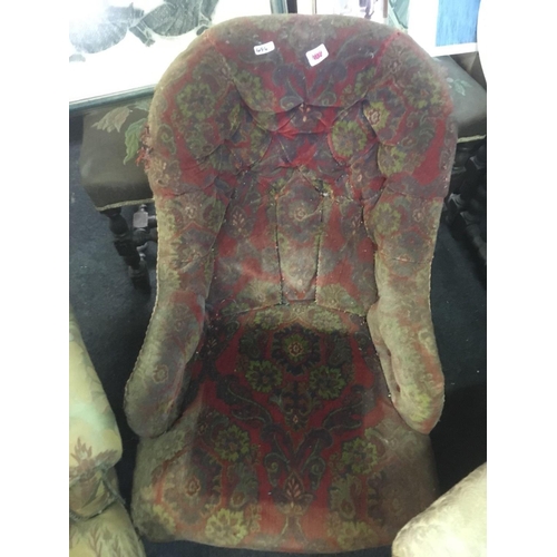 494 - ANTIQUE RED PATTERN BUTTON BACK TUB CHAIR, AN ANTIQUE GREEN PATTERN BUTTON BACK FIRESIDE CHAIR & ANT... 