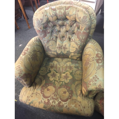 494 - ANTIQUE RED PATTERN BUTTON BACK TUB CHAIR, AN ANTIQUE GREEN PATTERN BUTTON BACK FIRESIDE CHAIR & ANT... 