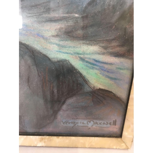 497 - VERONICA MAXWELL FIGURE IN A MYSTICAL RIVER VALLEY LANDSCAPE, PASTEL, SIGNED, 18'' X 12''