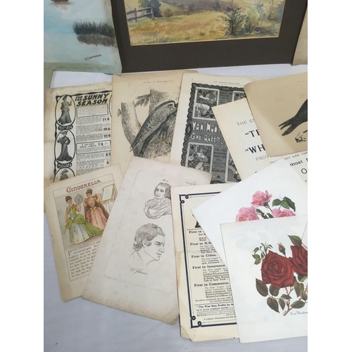 503 - FOLDER CONTAINING WATERCOLOURS, DRAWINGS, ANTIQUE ENGRAVINGS, PRINTS. LARGEST 12'' X 17''