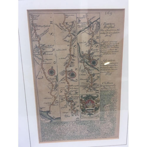 509 - A HAND COLOURED ANTIQUE ROAD MAP OF THE ROUTE FROM EXETER TO DARTMOUTH, 12'' X 10''