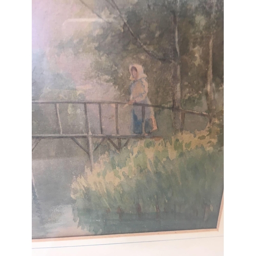 515 - VICTORIAN WATERCOLOUR OF A GIRL ON A BRIDGE ACROSS A WOODLAND RIVER, 18'' X 14''