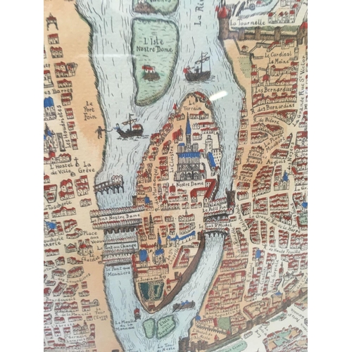 520 - OLD HAND COLOURED MAP OF PARIS, WITH OLD GALLERY LABEL TO REVERSE, 18'' X 21''