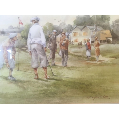 523 - COLOURED GOLFING SCENE ENTITLED AND NOW THE 19TH HOLE BY DOUGLAS E WEST, LABEL TO REVERSE