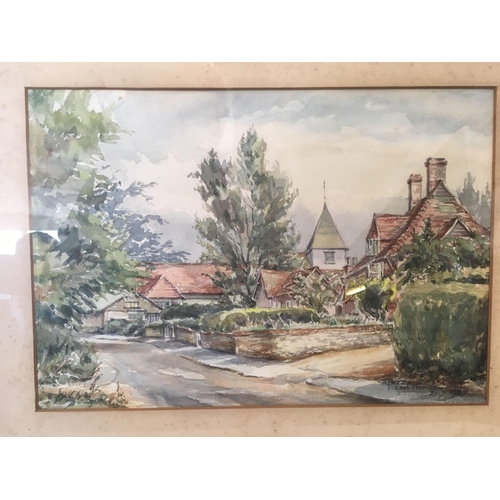 525 - TWO WATERCOLOURS; A VILLAGE SCENE OF EAST CLANDON, INDISTINCTLY SIGNED, 17'' X 21'' TOGETHER WITH 19... 