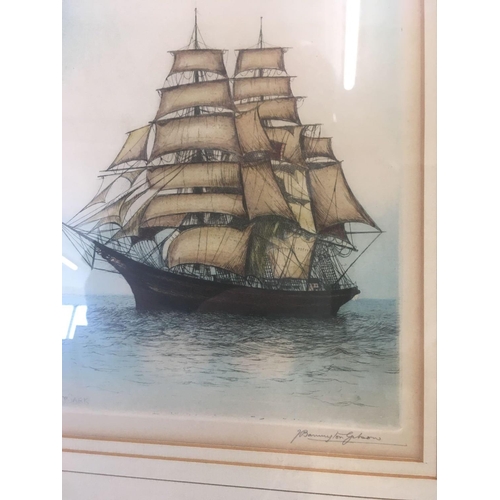 526 - A COLOURED PENCIL SIGNED ETCHING OF A THREE MASTED SAILING VESSEL, THE CUTTY SARK, INDISTINCT SIGNAT... 