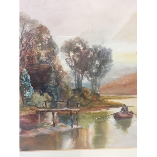 533 - 19THC WATERCOLOUR OF A RIVER SCENE WITH FARMSTEAD AND MAN ROWING A BOAT, 18'' X 25''