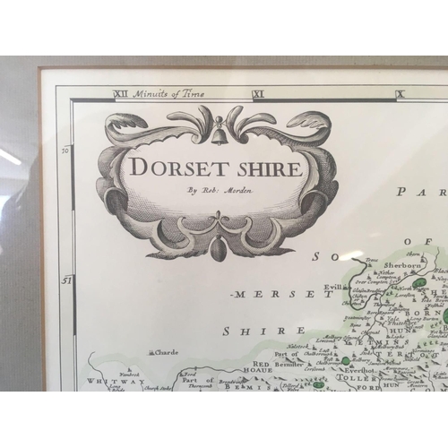 542 - A HAND COLOURED MAP OF DORSETSHIRE AFTER ROBERT MORDEN. 16'' X 18''