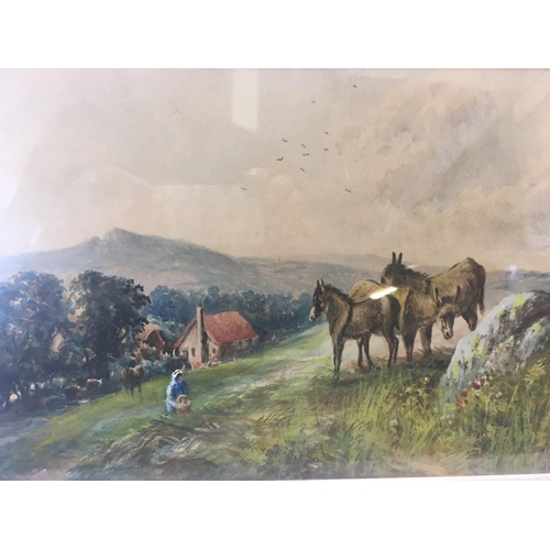 546 - WILLIAM HENRY DYER:  WATERCOLOUR VIEW OF PINCHAFORD FARM AND HAY TOR ROCKS WITH FIGURES AND DONKEYS,... 