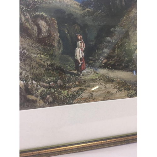 551 - 19TH C WATERCOLOUR OF WOMAN BESIDE A WOODLAND STREAM WITH COAST BEYOND, INDISTINCTLY INSCRIBED TO RE... 