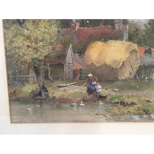 594 - F/G WATERCOLOUR OF A FARMYARD SCENE BY RIVER