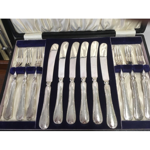 625 - OAK TRAY, 4 BOXES OF CUTLERY