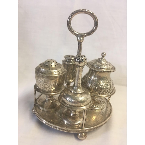 734 - SILVER CRUET HOLDER, WITH NON MATCHING CRUET SET SILVER?, 540g