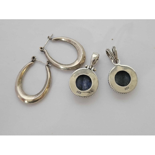 753 - 2 BLUE STONE SILVER PENDANTS & A PAIR OF LARGE SILVER HOOP EARRINGS