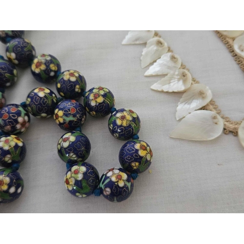 766 - LARGE CLOISONNE BEAD NECKLACE & VINTAGE M.O.P LEAF NECKLACE