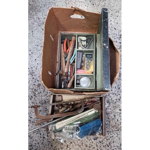 89 - CARTON & A WOODEN TOOL BOX WITH ENGINEERS HAND TOOLS