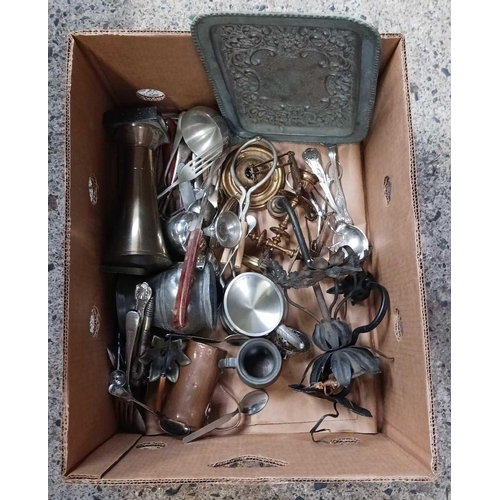 91 - CARTON WITH MISC METAL WARE INCL; CANDLESTICKS, PEWTER MUGS, CUTLERY