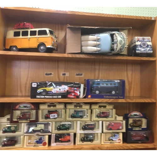 968 - 3 SHELVES OF DAYS GONE BY, A BISCUIT TIN VOLKSWAGON, FRICTION POWERED RACE CAR, MODERN BOXED VOLKSWA... 