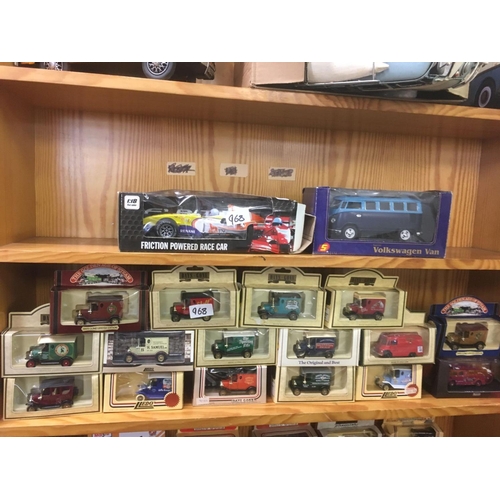 968 - 3 SHELVES OF DAYS GONE BY, A BISCUIT TIN VOLKSWAGON, FRICTION POWERED RACE CAR, MODERN BOXED VOLKSWA... 