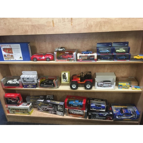 970 - 3 SHELVES OF MAINLY BOXED MODEL CARS BY BURAGO, CORGI, MAISTO, DIECAST MODELS BY MOTOR MAX & OTHERS