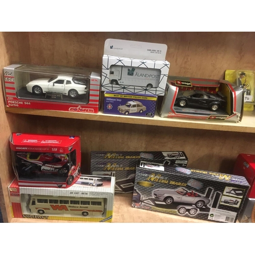 970 - 3 SHELVES OF MAINLY BOXED MODEL CARS BY BURAGO, CORGI, MAISTO, DIECAST MODELS BY MOTOR MAX & OTHERS