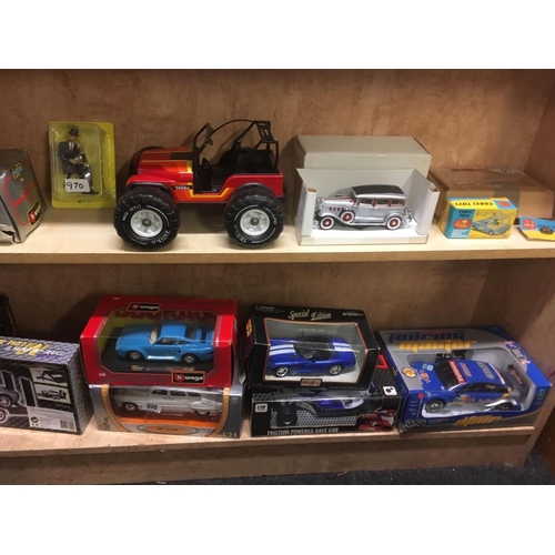 970 - 3 SHELVES OF MAINLY BOXED MODEL CARS BY BURAGO, CORGI, MAISTO, DIECAST MODELS BY MOTOR MAX & OTHERS