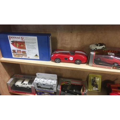 970 - 3 SHELVES OF MAINLY BOXED MODEL CARS BY BURAGO, CORGI, MAISTO, DIECAST MODELS BY MOTOR MAX & OTHERS