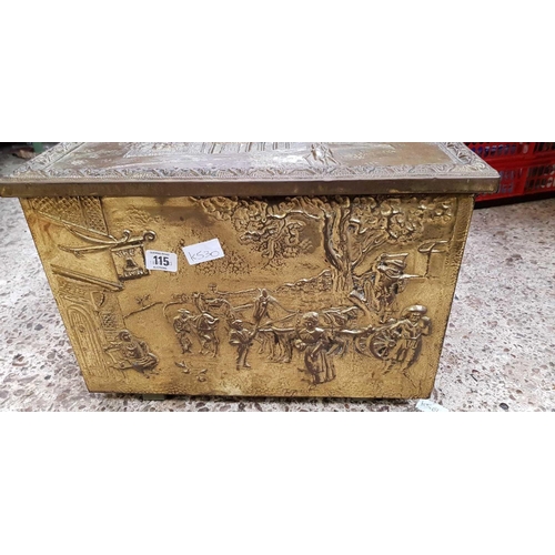 115 - BRASS EMBOSSED COAL CONTAINER WITH CONTENTS