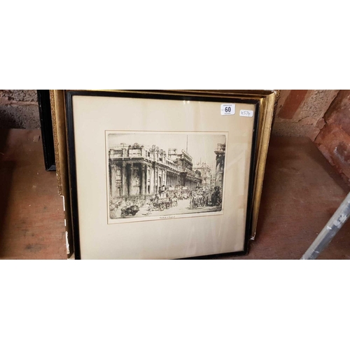 60 - QTY OF GILT FRAMED ENGRAVINGS, OIL & COLOURED ETCHINGS, ONE OF THE HARBOUR, BRIXHAM