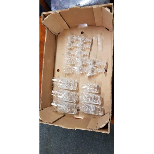 72 - CARTONS OF GLASSES & DECANTERS, JUG, VASE & WOOD IVORY PLATE