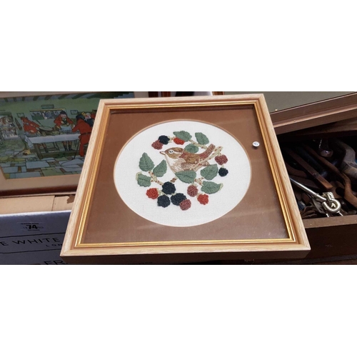 74 - QTY OF F/G PICTURES, WOOL EMBROIDERED, 3 WATERCOLOURS BY JOSEPH GALEA & OVAL WOODEN PICTURES FRAMES,... 