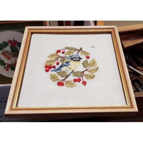 74 - QTY OF F/G PICTURES, WOOL EMBROIDERED, 3 WATERCOLOURS BY JOSEPH GALEA & OVAL WOODEN PICTURES FRAMES,... 